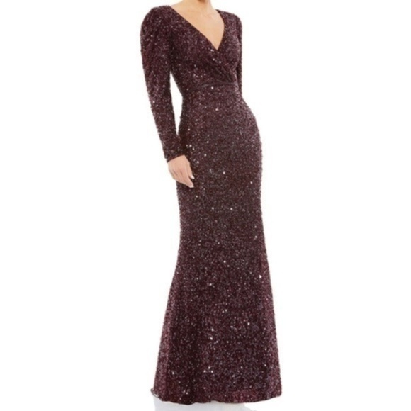 Mac Duggal. Puff Shoulder Sequined Surplice Gown. - Picture 1 of 16